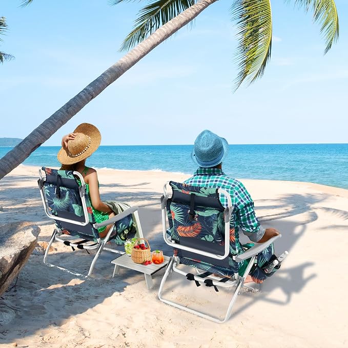 Giantex Folding Beach Chair, Patio Sling Chairs with 5 Adjustable Position, Head Pillow, Storage Bag, Towel Bar, Cup Holders, Backpack Chairs for Sunbathing, Camping Chair - Image 2