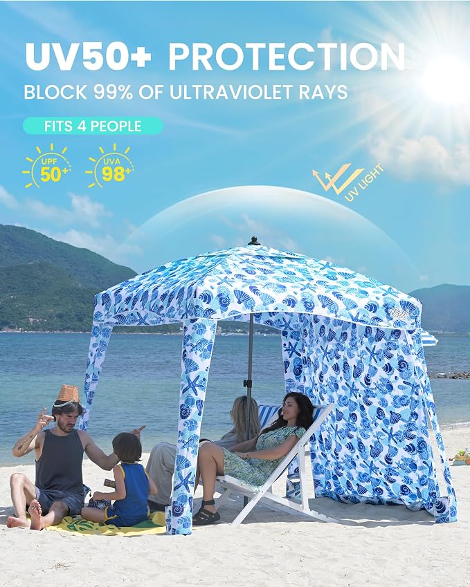 Qipi Beach Cabanas for Sand, Beach Canopy with Sandbags & Side Wall for Family, Easy Set Up Sun Shelter, UPF 50+ UV Protection with Roof Vent - Image 3