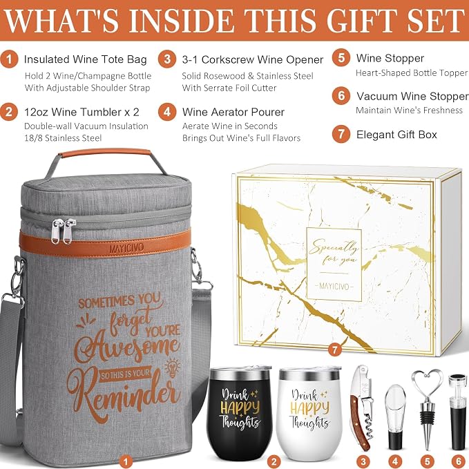 Wine Lovers Gifts for Women Wine Gift Baskets, Mothers Day Birthday Gifts for Women Mom Her Sister Friend Dad Coworker Girlfriend Housewarming Gift Set, Wines Cooler Bag Tote Carrier Wines Tumblers - Image 2