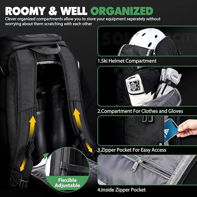 Hikenture Ski Boot Bag Backpack, 50L Padded Ski Bag & Snowboard Boot Bag with Drain Holes, Large Capacity Water-Resistant Ski Travel Bag for Ski Boots, Helmet, Goggles, Clothes, Gloves, Snowboard Gear - Image 4