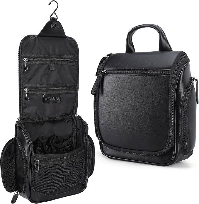 Masa Kawa Leather Hanging Travel Toiletry Bag for Men Portable Expandable Camping Cosmetics Makeup Toiletries Organizer Waterproof Bathroom Shaving Kit Black Wash Bags by MasaKawa