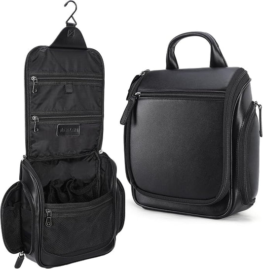 Masa Kawa Leather Hanging Travel Toiletry Bag for Men Portable Expandable Camping Cosmetics Makeup Toiletries Organizer Waterproof Bathroom Shaving Kit Black Wash Bags by MasaKawa