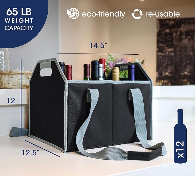 12 Bottle Wine Carrier Collapsible Reusable with Strap for Liquor Champagne Beer Glasses Storage Shopping Travel (Black) - Image 2