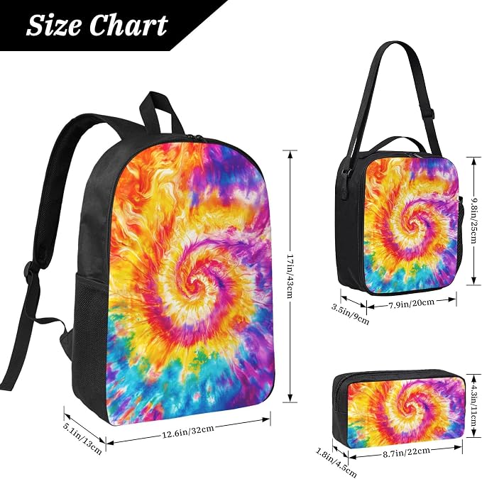 Tie Dye Kid Backpack Set with Lunch Bag & Pencil Case Large Capacity School Bag 17 Inch Bookbag for Boy Girl - Image 3