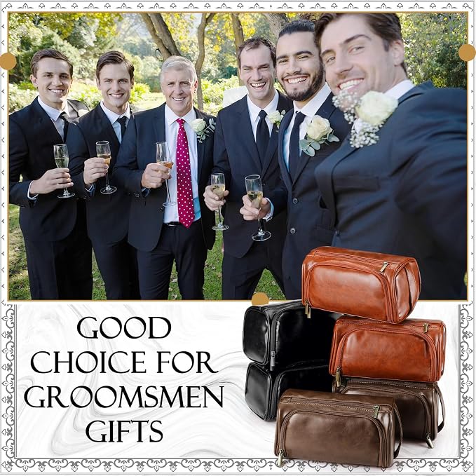 Aliceset 6 Pcs Groomsmen Gift Groomsmen Toiletry Bags Set of 6 Leather Toiletry Bag for Men with Hook Leather Wedding Proposal Bag with Side Handle Father Gift(Dark Brown, Black, Brown) - Image 6