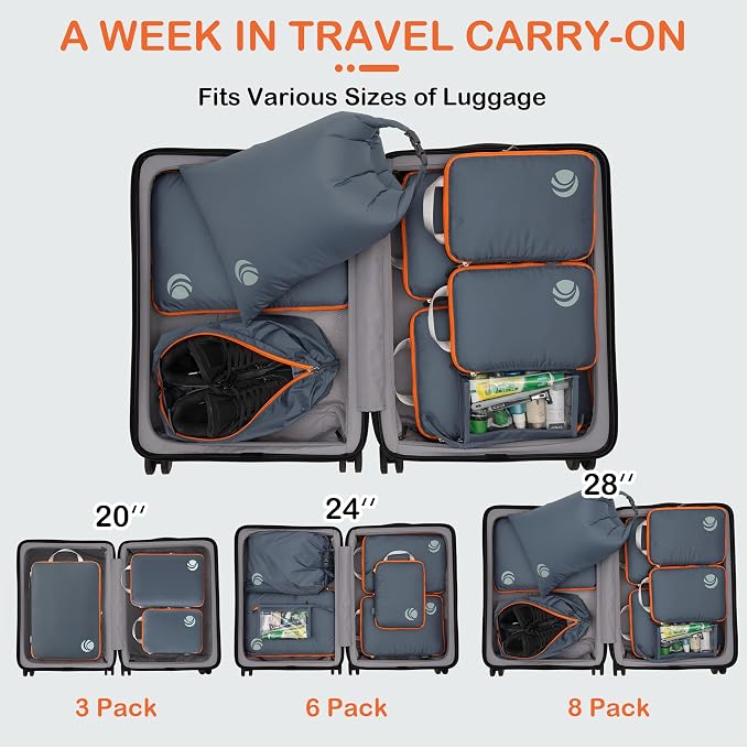 Cipway Compression Packing Cubes, Lightweight Travel Luggage Organizers with Shoe Bag, Toiletry Bag & Laundry Bag, Travel Essentials for Carry on Suitcase (8 Piece,Gray) - Image 7