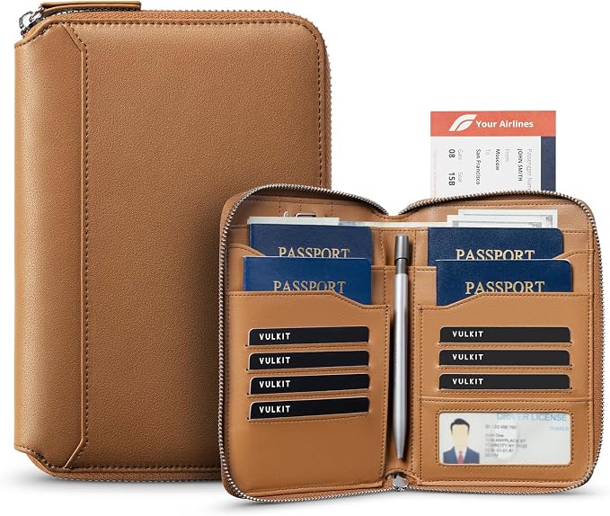 VULKIT Leather Passport Holder for 4-8 Passports Family RFID Blocking Passport Wallet with Zipper Travel Documents Organizer for Men or Women (Brown) by VULKIT