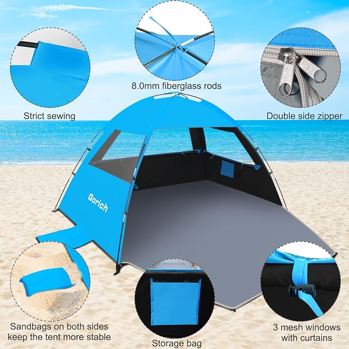 Gorich Beach Tent Sun Shelter for 3/4/6/8/10 Person with UPF 50＋ UV Protection, Lightweight & Easy Setup Beach Shade Canopy, Portable Beach Shade Tent Beach Cabana - Image 5