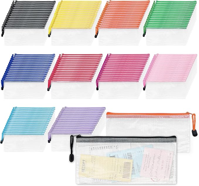 GEMLORD 150 pcs mesh pouches, mesh pouch cosmetic bag zipper pouches for classroom zipper pouch mesh makeup bag 9.35 x 4.7 Inch for Travel, Cosmetics, Toiletry, 10 Colors by GEMLORD