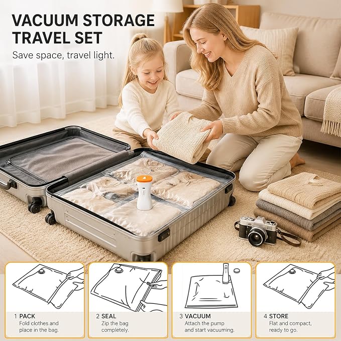 2in1 Rechargeable Air Pump Vacuum Storage Bags, Inflation/Deflation Dual Use Travel Compression Bags, 10 Pack Reusable Space Saver Bags for Suitcase, Clothes and Home Wardrobe（Orange and white） - Image 2