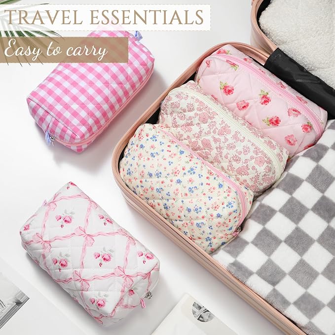 Paterr 10 Pcs Quilted Makeup Bag Bulk Cotton Floral Cosmetic Bag Women Girls Bridesmaid Gifts Cute Makeup Pouch Coquette Aesthetic Travel Toiletry Organizer(Pink Floral,7.87 x 4.72 x 3.15 Inches) - Image 5