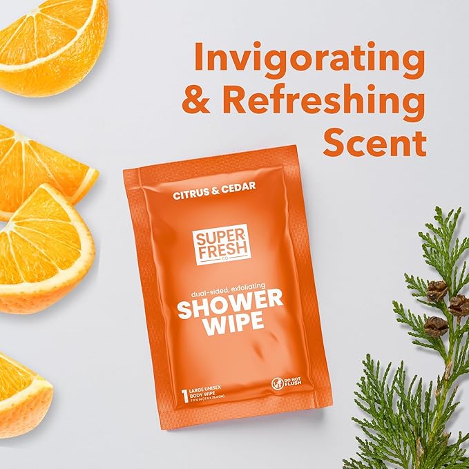 Super Fresh Shower Wipes Large Citrus Body Wipes for No Rinse Bathing Personal Hygiene Gym Travel or Camping Enriched with Aloe and Vitamin E 50 Individually Wrapped Disposable Sheets