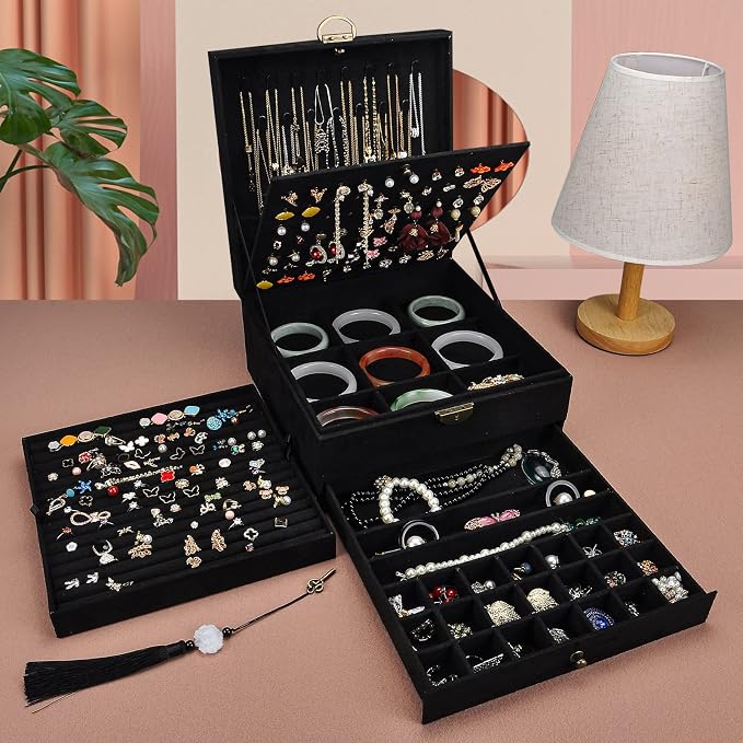 Jewelry Organizer 5 Layers Velvet Square Jewelry Box Women Necklace Ear studs Display Bangles Large Jewelry Storage Case Drawer GY306 (Black) - Image 3