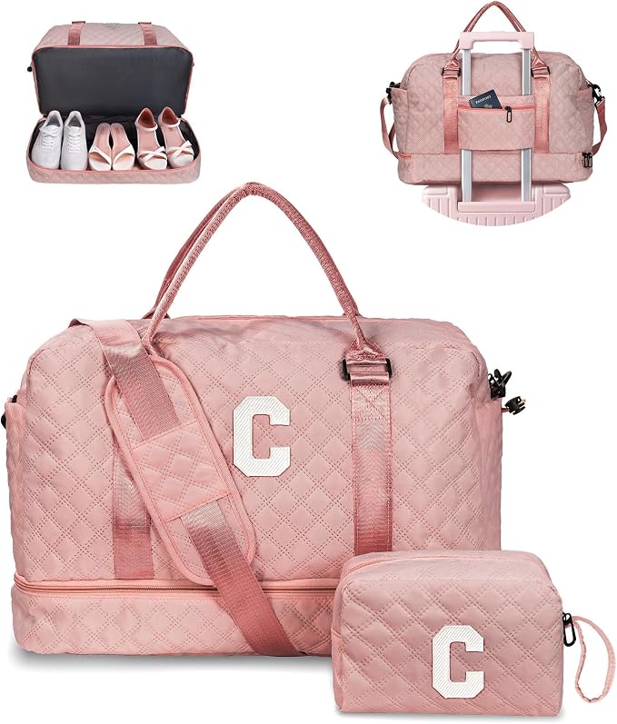 Birthday Gifts-for Women-Initial Duffle Bag with Shoe Compartment, Personalized Weekender Bag, Monogram Overnight Bag, Letter Travel Bag with Makeup Bag，Friend Wife Birthday Gift (Letter C) by Vogewood