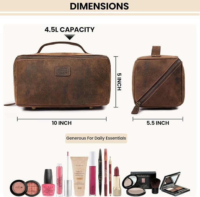 LEATHER VILLAGE Genuine Leather Travel Dopp Kit for Men & Women – Open Flat Large Capacity Cosmetic Bag with Water-Resistant Lining – Skin Care, Brushes, Shaving & Bathroom Essentials Organizer- Brown - Image 4