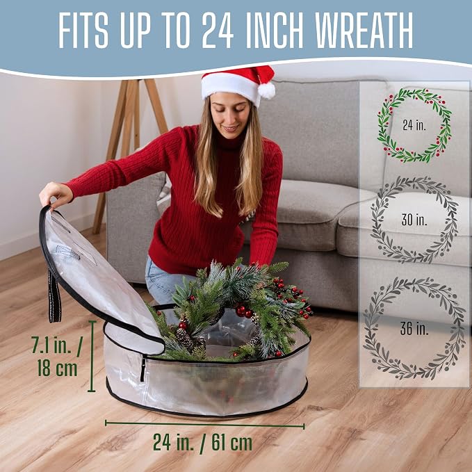 VENO 4 Pack Summer Wreath Storage Container, 24 Inch Clear Wreath Bag, Spring, Christmas Garland Decoration Organizers with Zipper and Durable Handles (Clear, 24"-4 Pack) - Image 2
