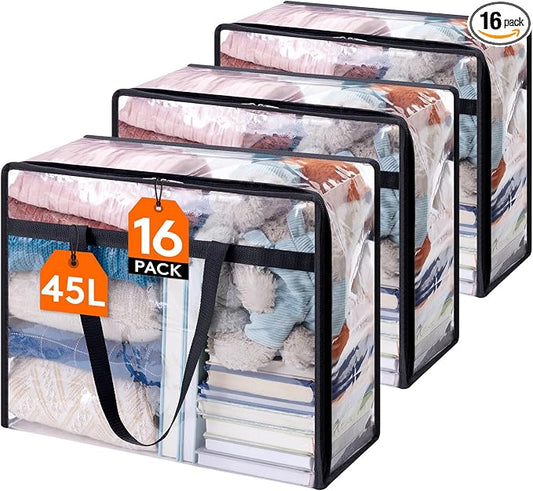 Lifewit 16 Pack Clear Clothes Storage Bags, 45L Plastic Blanket Storage Bag, Vinyl Foldable Moving Bags with Zipper, Closet Organizers and Storage Containers for Bedding, Duvet, Comforter by Lifewit