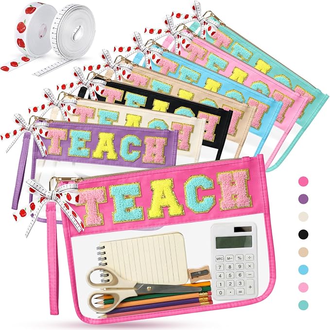 8 Pcs Teacher Appreciation Gifts Teach Chenille Letter Makeup Bag Monogram PVC Clear Zipper Pouch Wristlet Travel Cosmetic Bag Graduation Thank You Teacher Gift for Women(Colorful Letter) by Clysee