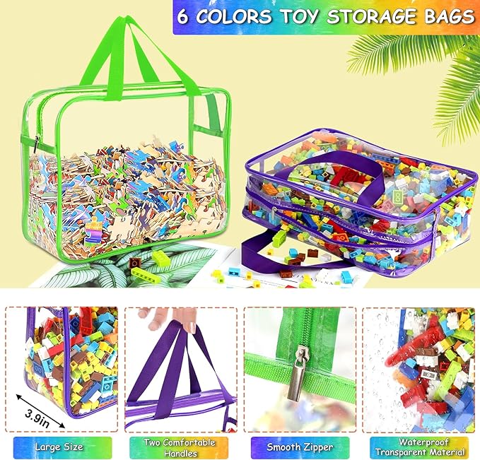 6 Color Large Toy Storage Bags with Labels, Reusable Clear PVC Board Game Storage, Travel Waterproof Organizer Bags with Zipper for Building Blocks, Puzzle, Kids Books - Image 3