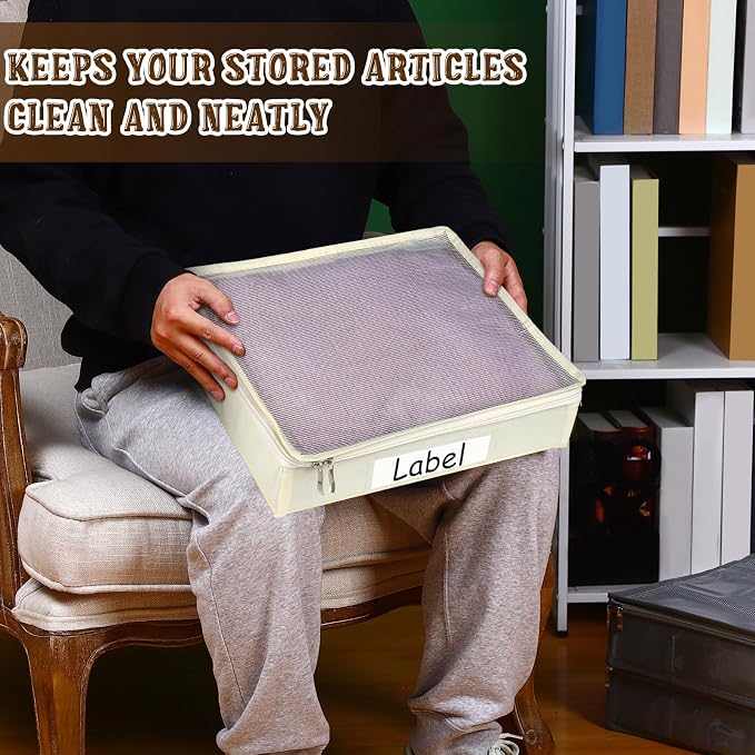 Panelee 6 Pcs 14 x 12 x 3 Inch Sweater Storage Bags Easy Gliding Zippered Sweater Package Organizer Closets Under The Bed Zippered Storage Bags with Label Pocket to Avoid Dust Dirt(Beige) - Image 5