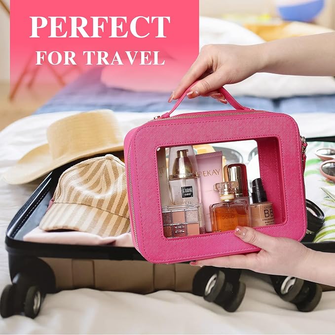 Pinkmik Clear Makeup Bag with Brush Bag 3pcs Waterproof Travel Case for Cosmetics and Toiletries Women's Makeup Organizer with Zipper (X/Fuxia, L+M+SLIM) - Image 5