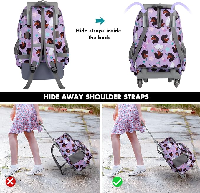 Tilami Rolling Backpack for Kids 18 Inch Double Handle Wheeled Bookbag for Boys & Girls for School & Travel,Brown unicorn - Image 9