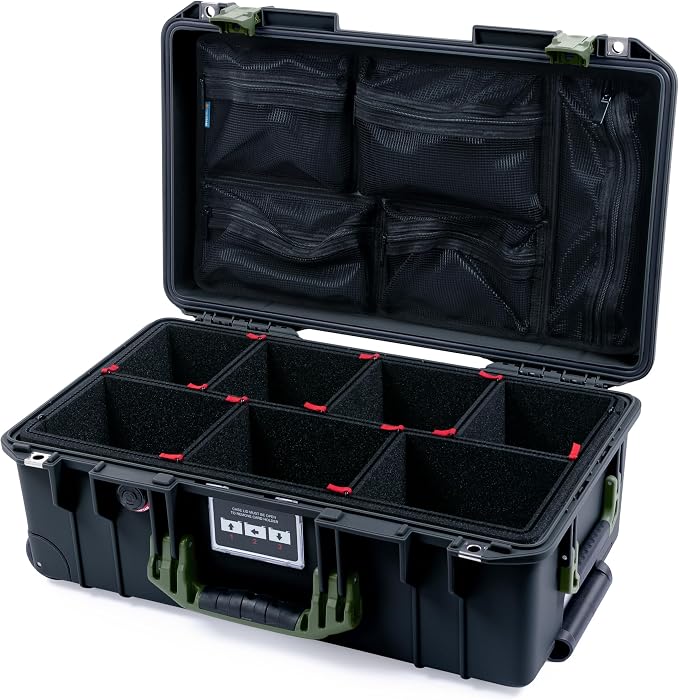 Black Pelican Air 1535 Carry-on Case - with TrekPak Divider System & Mesh Lid Organizer - OD Green Handles & Latches. by ColorCase