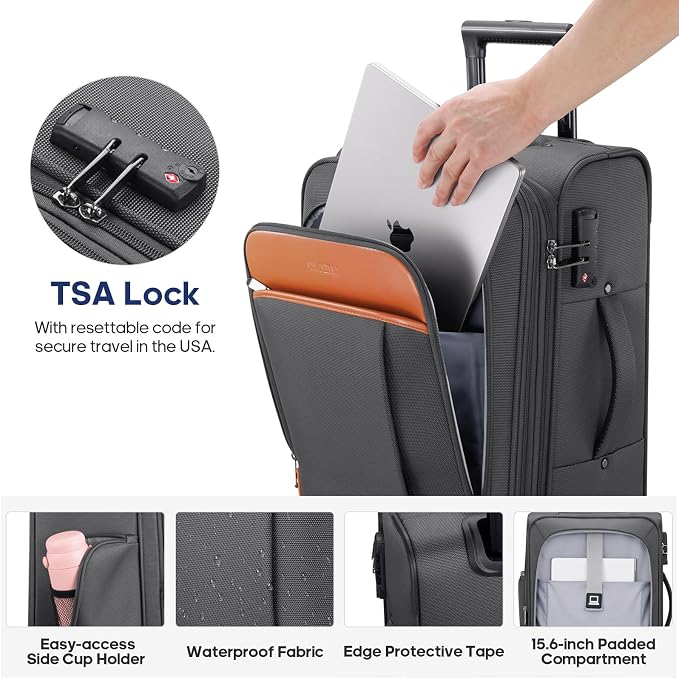 UKEIN Expandable Carry On Luggage 22x14x9 Airline Approved, 20Inch Softside Carry On Suitcase with Wheels & TSA Lock, Travel Suitcase with 4-Piece Packing Bags for Women Men (Grey, Carry on （20in）) - Image 4