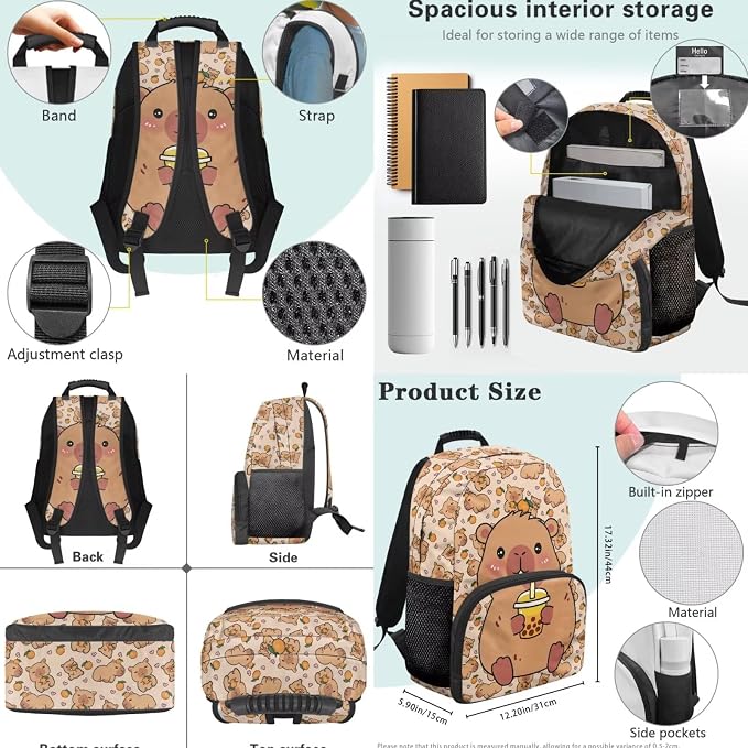 Cute Capybara Backpack for Boys Girls Elementary School Bookbag Satchel 4 Pack Backpacks with Insulated Lunch Bag and Pencil Case Water Bottle Holder Set - Image 4