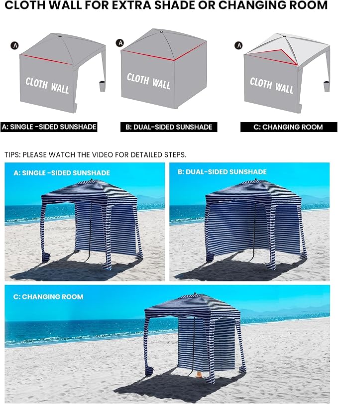Qipi Beach Cabanas for Sand, Beach Canopy with Sandbags & Side Wall for Family, Easy Set Up Sun Shelter, UPF 50+ UV Protection with Roof Vent - Image 2