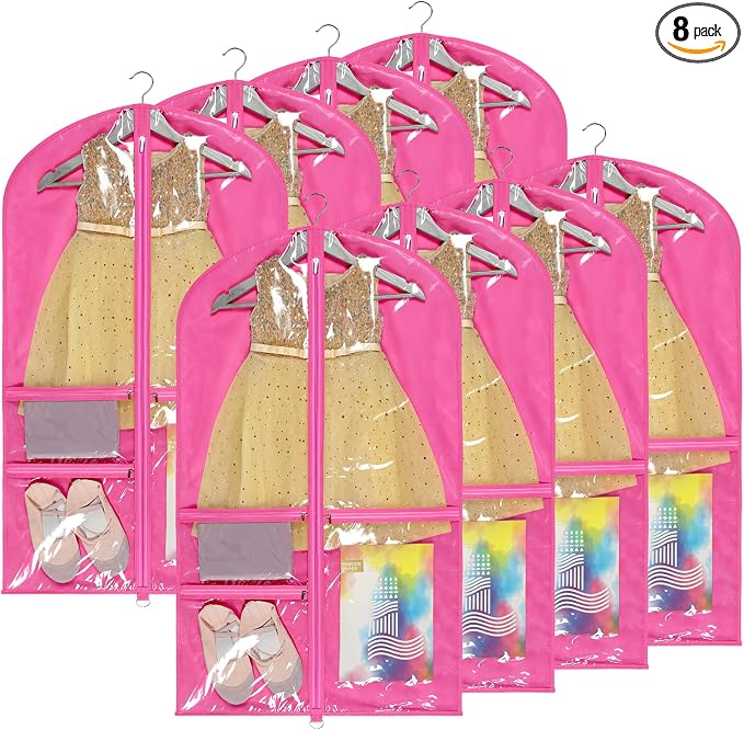 Univivi Dance Costume Bags Garment Bag 40 Inch Hanging Clothes for Dance Competitions, with 3 Medium Clear Zipper Pockets for Dance Costumes, Closet Storage (Rose Red) - 8 Pack by Univivi