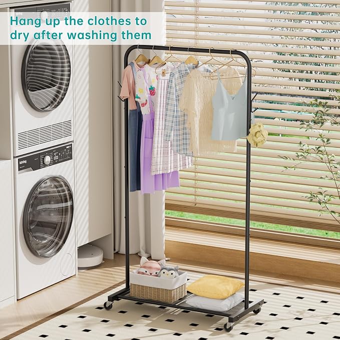 SINGAYE Wardrobe Standing Closet Clothing Rack With Shelf Hanging Clothes | Wardrobe Open Compact Small Metal Garment Hanger Stand Alone Free Standing Black Closet Rack Storage Organizer Heavy Duty - Image 2