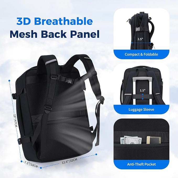 ECOHUB 19" Travel Backpack for Men Women 30L Large Carry-On Backpack with 17.3 In Laptop Compartment,Black - Image 7