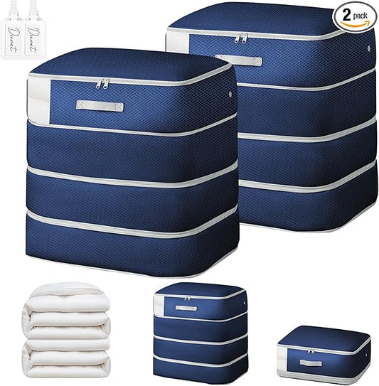 Comforter Storage Bag - Large Capacity Blanket Storage Bags 4-Layer Ultra Space Saving Self Compression Organizer, Washable Compression Bags for Storage Comforter Blanket, 2-Pack, Navy Blue by EasortmPackingCubes