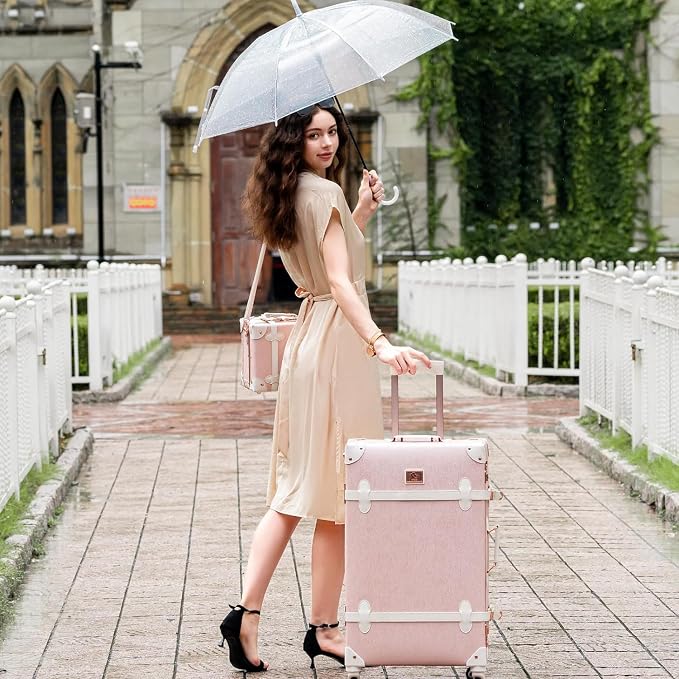urecity 20" Elegant Pink Vintage Luggage Set 2 Piece, Aluminum Frame Retro Carry On Suitcase with Cosmetic Case, Vegan Leather Spinner Trunk for Women (Clear Cover Included) - Image 9