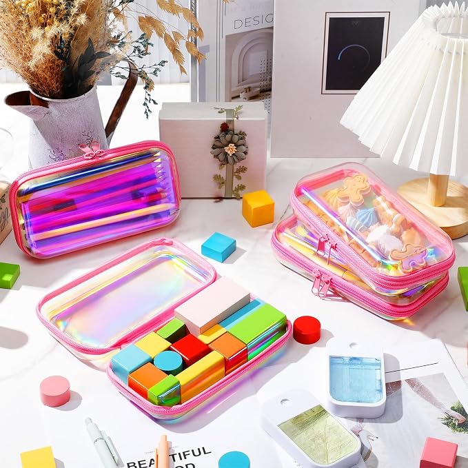 Hoolerry 4 Pcs Hard Clear Zipper Case Makeup Bags Plastic Zipper Pouch Transparent Storage Box Containers for Cosmetics, Snacks, Building Blocks, Puzzles(Clear,7.5 x 3.9 x 2 in,Pink Laser) - Image 6