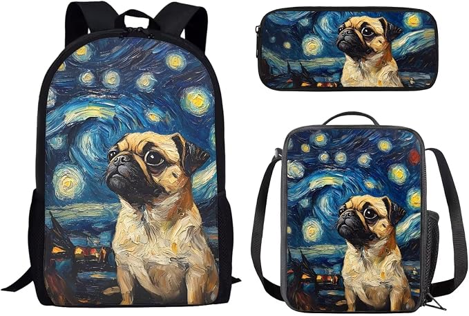 Mumeson Starry Night Dog Middle School 3 Piece Backpack Set with Lunch Box Pencil Case Set for Boys Girls Large Capacity Travel Daypack Rucksack Back to School by Mumeson