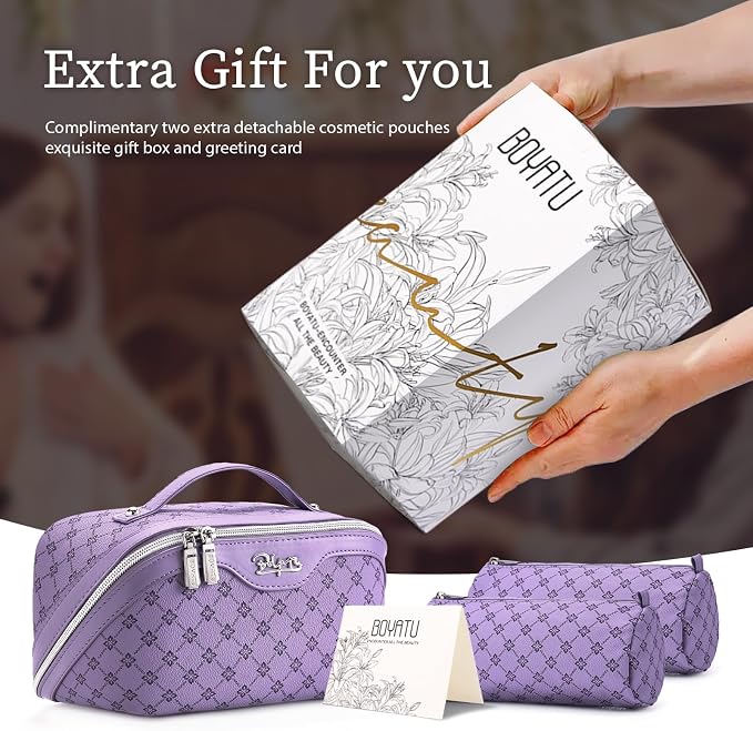 BOYATU Travel Makeup Bag Cosmetic Bags for Women: 3 Pcs Set Large Capacity Make up Bag with Handle - Vegan Leather Toiletry Bags with Compartments - Makeup Organizer for Travel Essentials(A-9-Purple) - Image 6