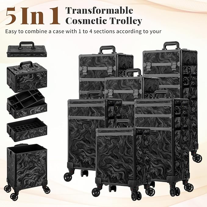 Rolling Makeup Train Case with Lid Cosmetology Case on Wheels | 5 in 1 Large Cosmetic Trolley Organizer Travel for Hairstylist Artist Nail Beauty Salon Barber Cart Trunk, Black Ink - Image 2