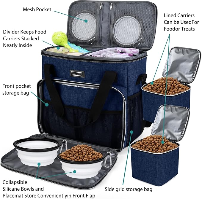BAGLHER Dog Travel Bag, Pet Travel Bag (ALL Pet Travel Supplies), With 2 Pet Food Containers and 2 Collapsible Silicone Bowls; Essential Kits for Pet Travel Dark Blue - Image 5
