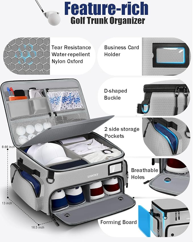 LOINTET Golf Trunk Organizer, Waterproof Car Golf Locker with Separate Ventilated Compartment for 2 Pair Shoes, Golf Storage for Balls, Tees, Cap, Clothes, Gloves, Accessories, Gifts for Men, Women - Image 3