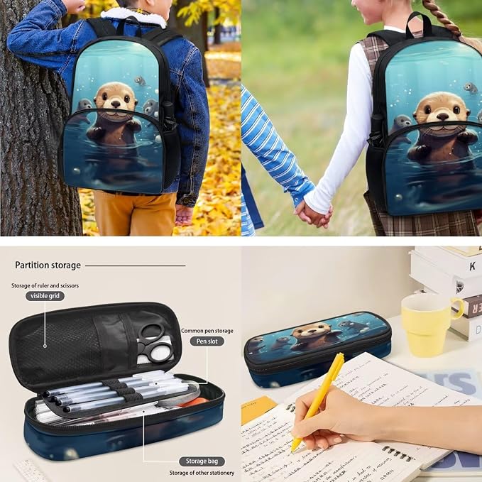 Cute Otter Backpack with Lunch Box，Pencil Bag，Bottle Carrier Bag Sling Bags，4 Pcs Children Schoolbag Set for Boy Girl Preschool，Primary,Middle School Bookbag - Image 4