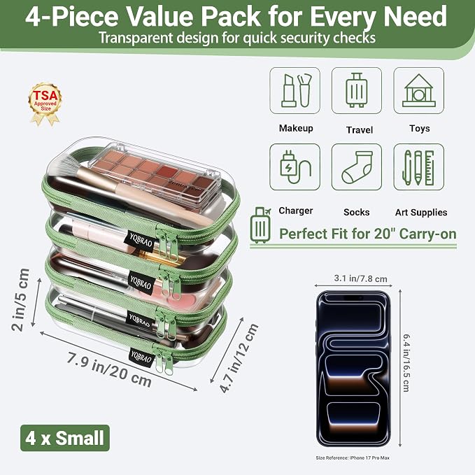 YQBRAO 4-Pack Clear Hard Shell Zipper Case, 1.2mm Ultra-Thick Diaper Bag Organizer Pouches, Rigid Self-Standing Travel Makeup Bags with YKK Zippers, TSA Approved, Green - Image 4