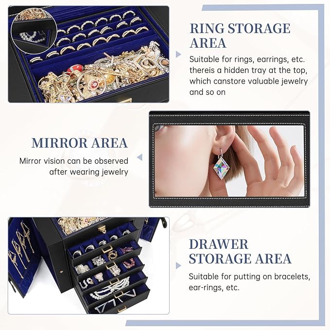 AKOZLIN 6-Tier Jewelry Box Organizer Functional 5 Drawers Leather Jewelry Storage Case for Women Girls Ring Necklace Earring Bracelet Holder Organizer with Mirror Extra Large BlackBlue - Image 5