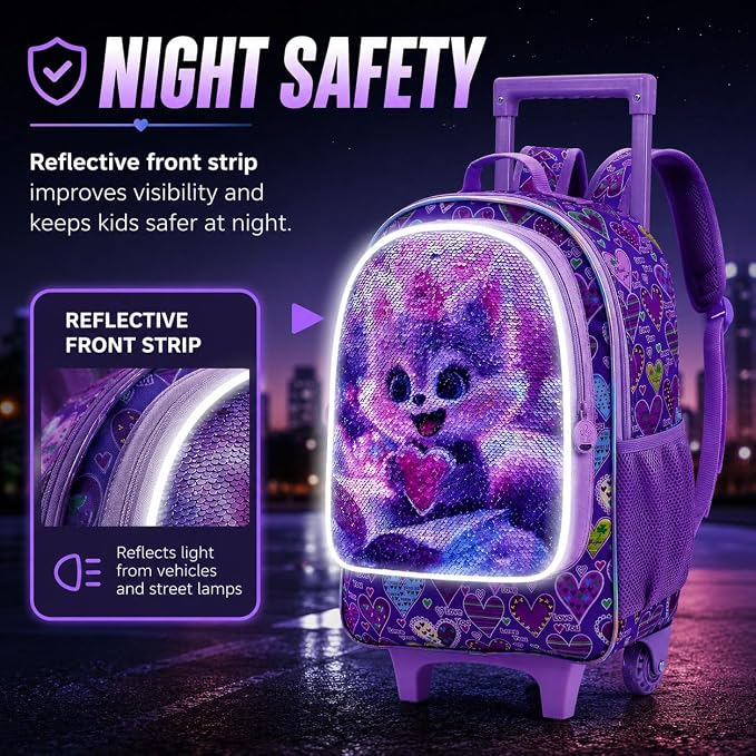 AGSDON 3PCS Rolling Backpack for Girls Boys, Kids Roller Wheels Bookbag, Wheeled School Bag with Lunch Bag - Image 4