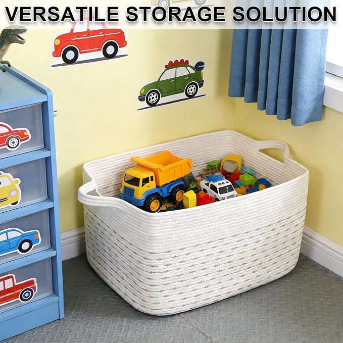 96L Extra Large Cotton Rope Laundry Basket with Sturdy Handles | 24x16x15 Foldable Rectangular Blanket Basket for Toys, Clothes & Pillows,Ideal for Nursery, Bathroom, Bedroom, Living Room - Image 8
