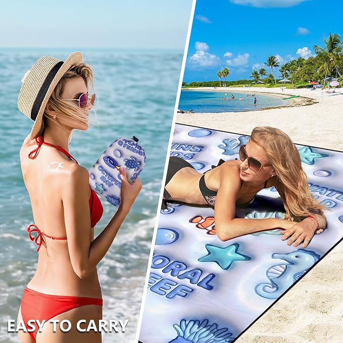 HIHOHO Beach Blanket Waterproof Sandproof Beach Mat 79”x 83” for 1-8 Adults Quick Drying Durable Outdoor Picnic Mat for Beach Festival Travel Camping Hiking (3D Ocean-BL, 79"×83"(4 Person)) - Image 5