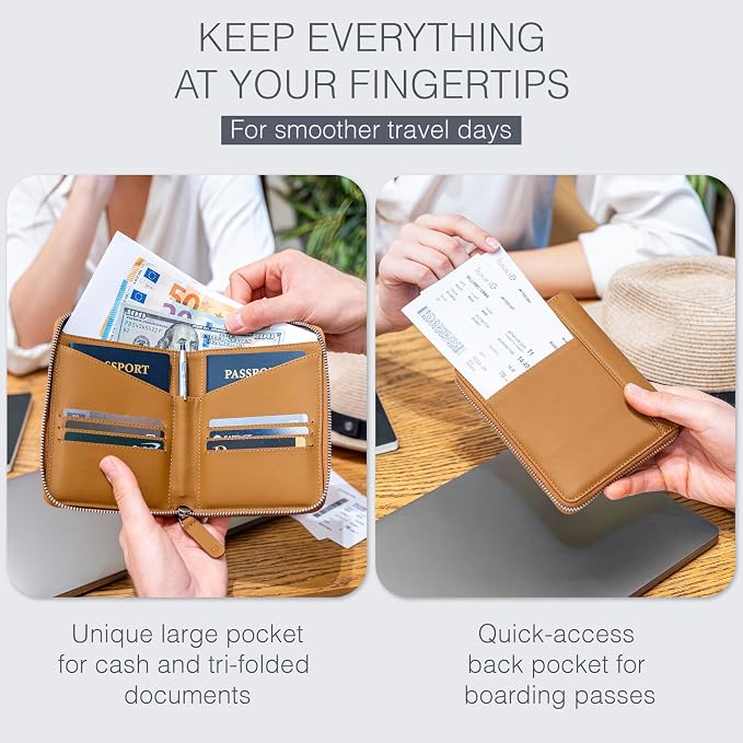 Full Grain Leather Passport Holder for 2 Passports - Dual Passport Holder and Travel Documents Organizer - RFID Travel Wallet for Couples - Camel - Image 3