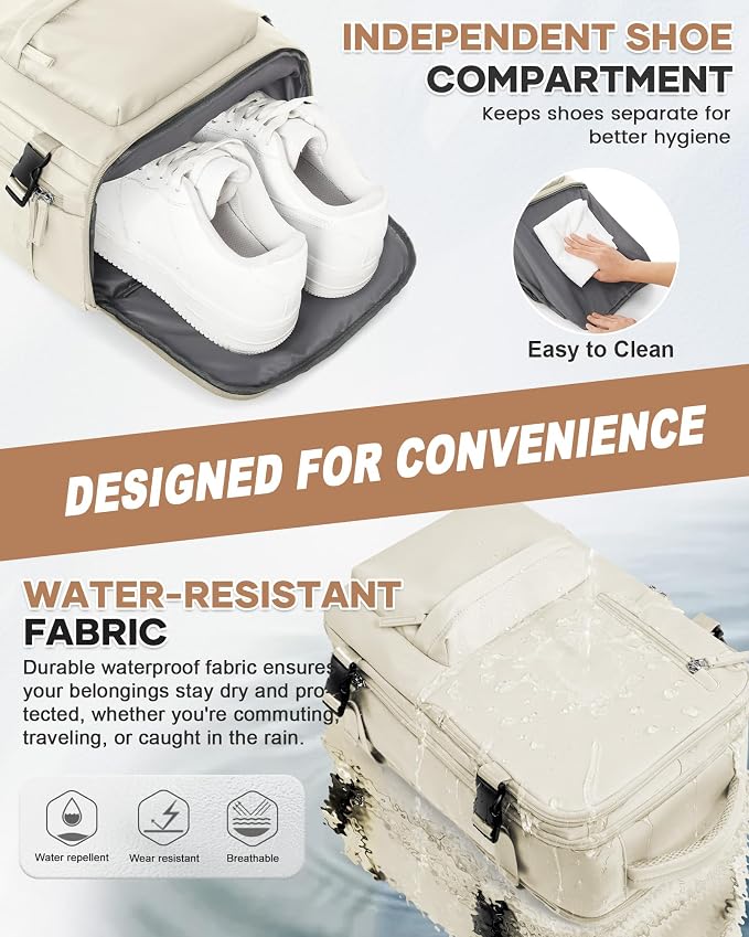 Large Travel Gym Backpack Women Carry On Backpack Flight Approved Hiking Waterproof Rucksack Casual Daypack Laptop bags airplanes Shoes Compartment Personal Item Travel Weekender Bag Essentials Beige - Image 4