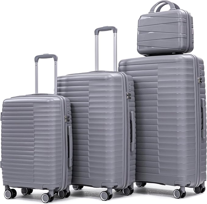 Merax Luggage Sets 4 Piece with Cosmetic Case Lock, Hardside Carry On Suitcase with Zippers Lightweight Rolling Travel Luggage Sets with Spinner Wheels,Light Gray1 by Merax